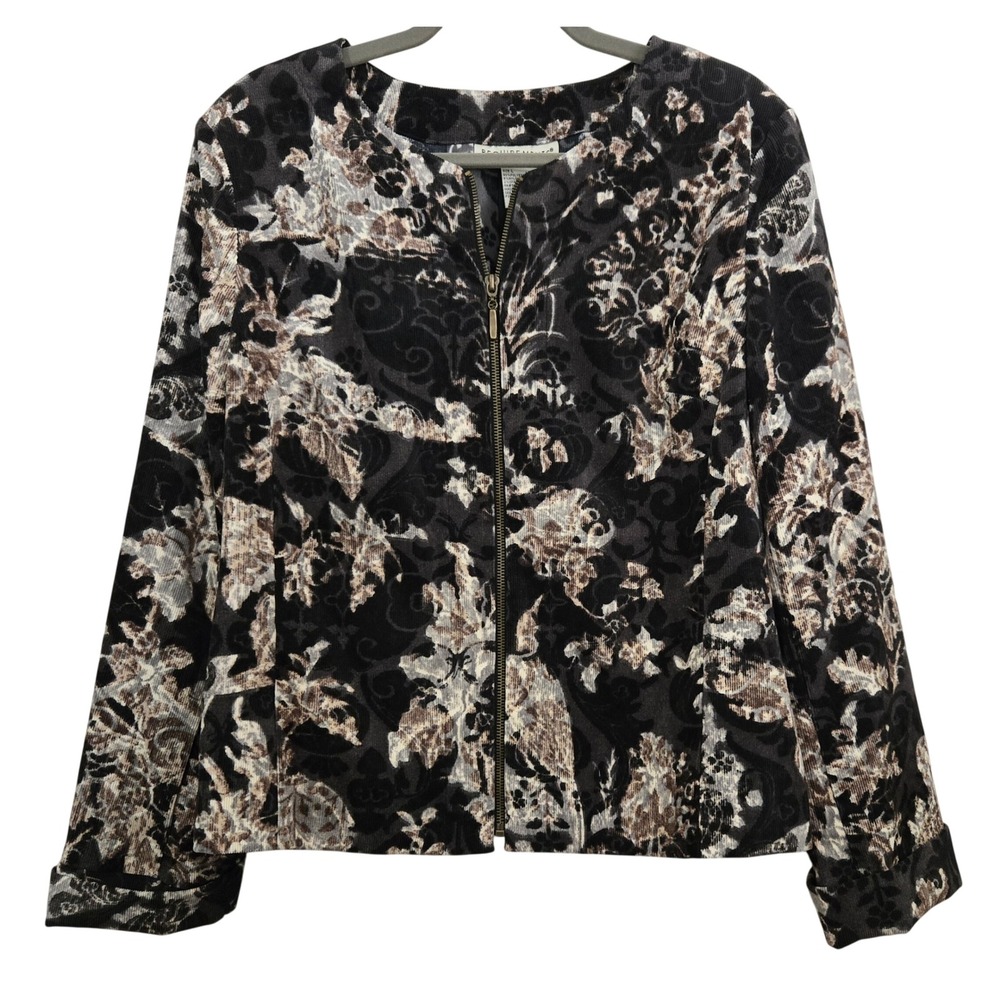 Requirements Women L Chic Black Grey Tan Floral Damask Corduroy Zip Front Jacket